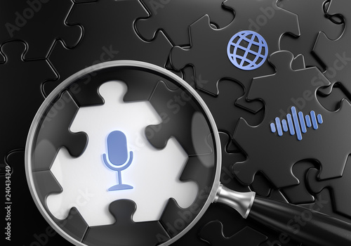 Voice Search. Close-up composition of magnifying glass focusing on microphone symbol surrounded by black colored jigsaw puzzle assembled from hexagonal parts. 3d rendering graphics.