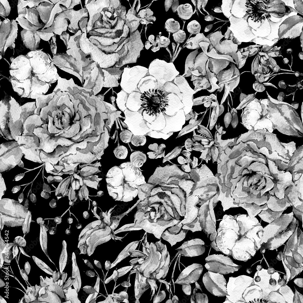 Fototapeta Nature watercolor seamless pattern with rose, anemone, cotton