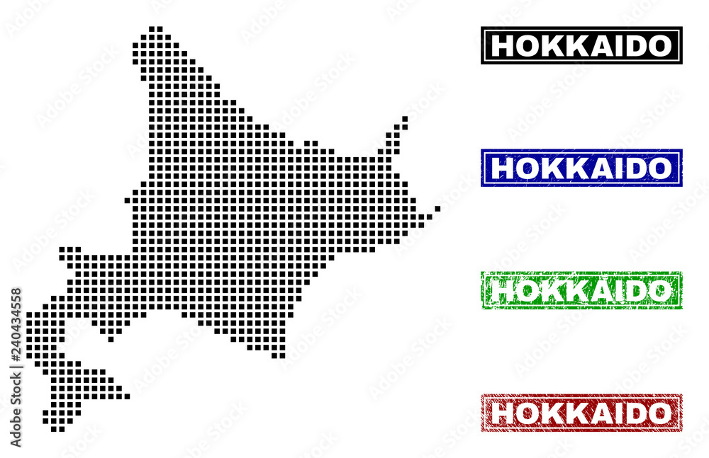 Vector dot abstracted Hokkaido map and isolated clean black, grunge red, blue, green stamp seals. Hokkaido map label inside rough framed rectangles and with grunge rubber texture.