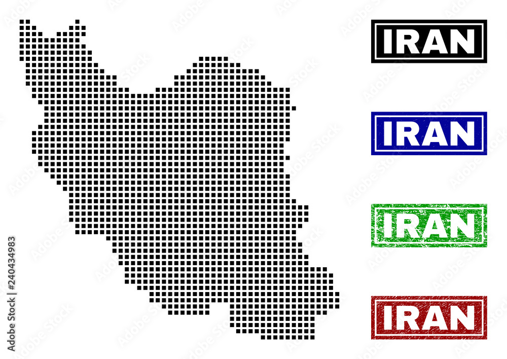 Dot vector abstracted Iran map and isolated clean black, grunge red, blue, green stamp seals. Iran map tag inside rough framed rectangles and with grunge rubber texture.