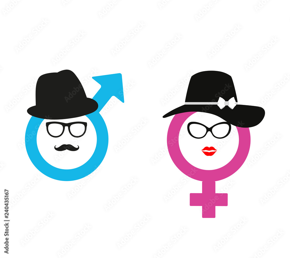 symbol of man and woman in hats and glasses in cartoon style
