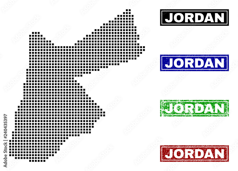 Dot vector abstracted Jordan map and isolated clean black, grunge red, blue, green stamp seals. Jordan map name inside draft framed rectangles and with grunge rubber texture.