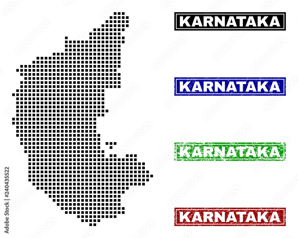 Vector dot abstract Karnataka State map and isolated clean black, grunge red, blue, green stamp seals. Karnataka State map tag inside rough framed rectangles and with grunge rubber texture.