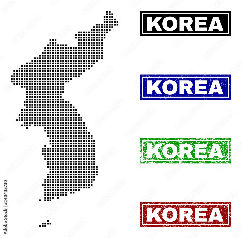 Vector dot abstracted Korea map and isolated clean black, grunge red, blue, green stamp seals. Korea map tag inside draft framed rectangles and with grunge rubber texture.