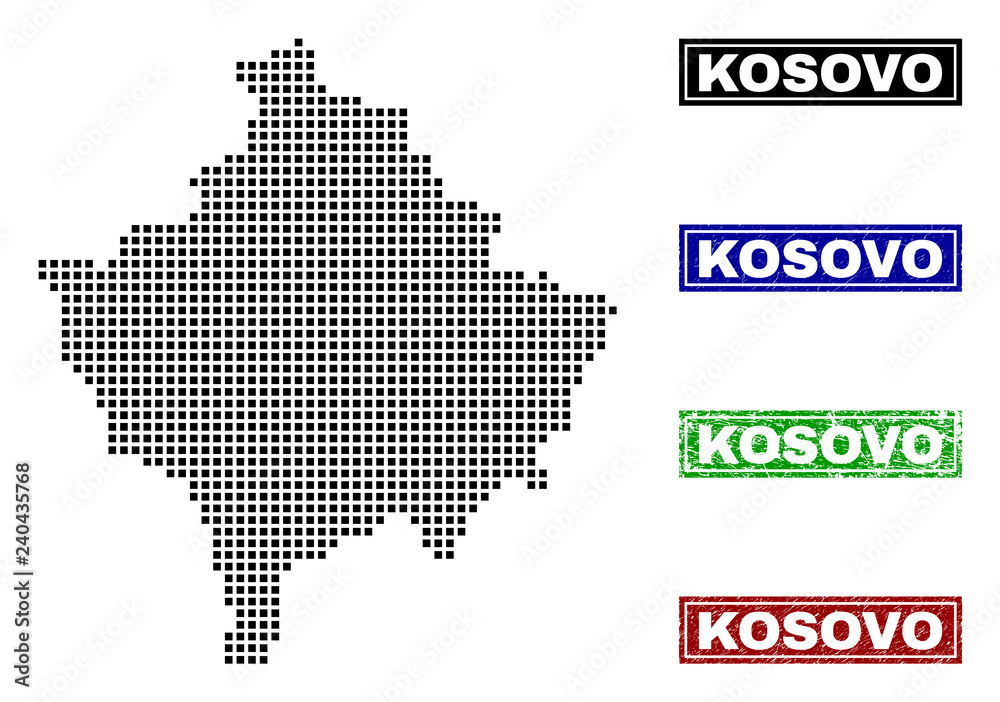 Dot vector abstracted Kosovo map and isolated clean black, grunge red, blue, green stamp seals. Kosovo map title inside rough framed rectangles and with unclean rubber texture.