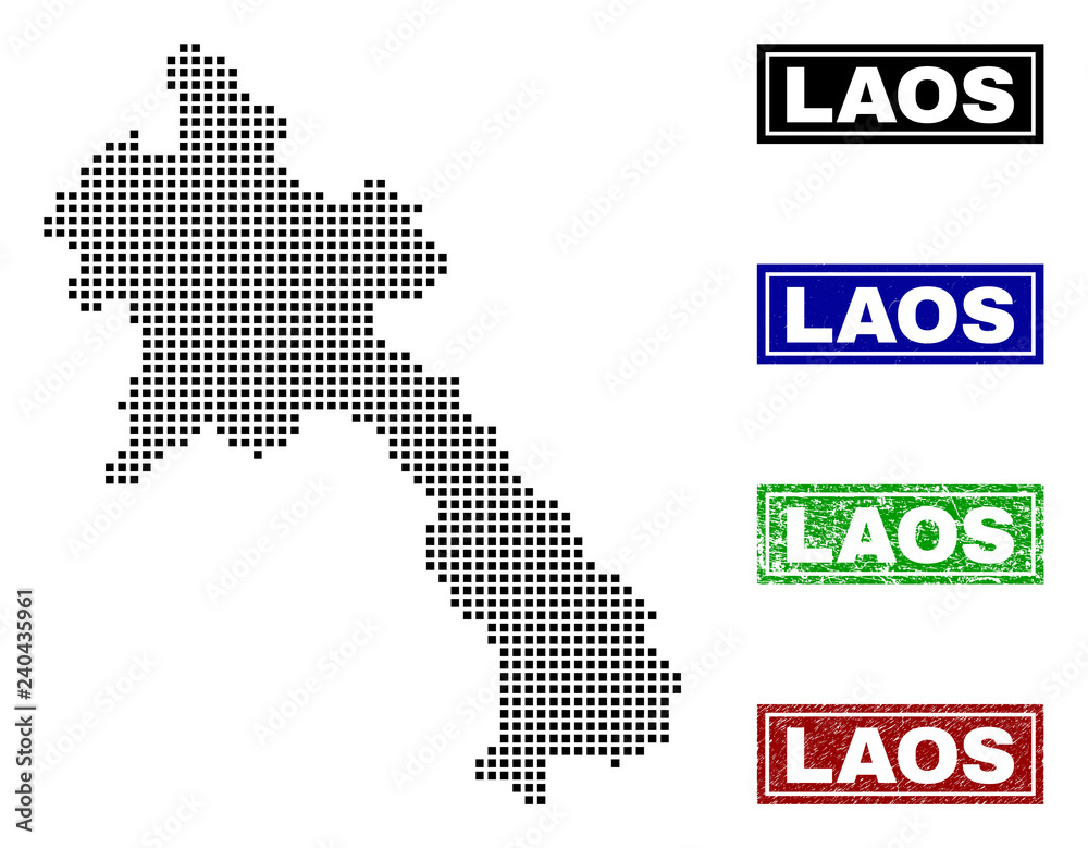Dot vector abstracted Laos map and isolated clean black, grunge red, blue, green stamp seals. Laos map name inside rough framed rectangles and with grunge rubber texture.