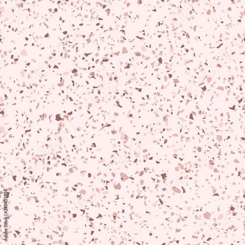 Rose gold terrazzo seamless pattern. Vector texture of mosaic floor with natural stones, granite, marble, quartz, limestone, concrete. Trendy background in pastel colors, pink, copper. Repeat design 