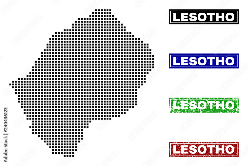 Vector dot abstract Lesotho map and isolated clean black, grunge red, blue, green stamp seals. Lesotho map tag inside rough framed rectangles and with grunge rubber texture.