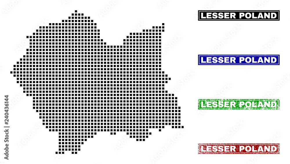 Fototapeta premium Vector dot abstract Lesser Poland Voivodeship map and isolated clean black, grunge red, blue, green stamp seals.