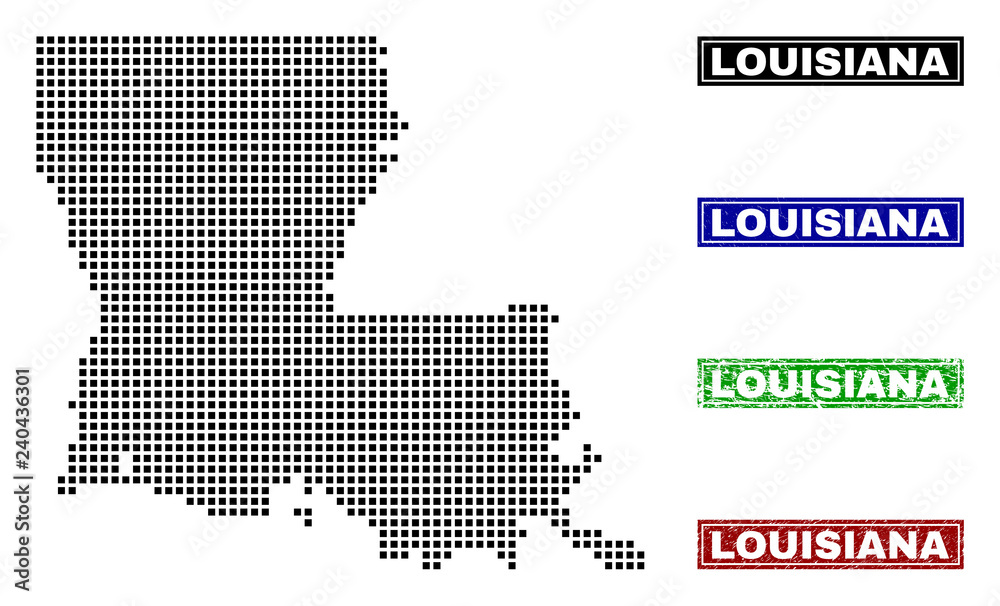 Vector dot abstract Louisiana State map and isolated clean black, grunge red, blue, green stamp seals. Louisiana State map label inside draft framed rectangles and with unclean rubber texture.