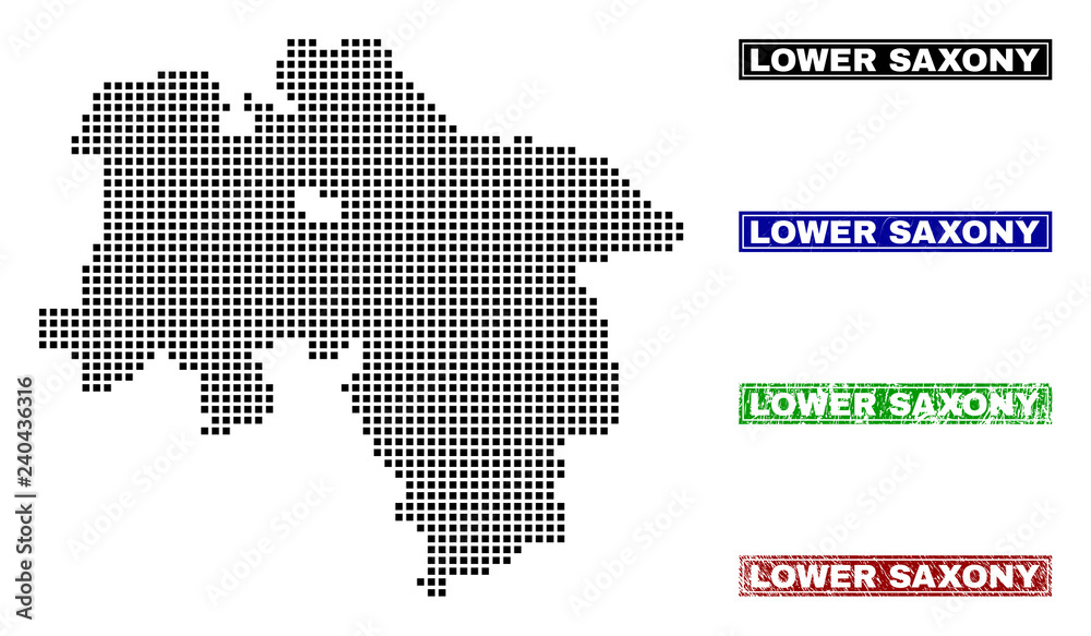 Obraz premium Dot vector abstracted Lower Saxony Land map and isolated clean black, grunge red, blue, green stamp seals. Lower Saxony Land map label inside draft framed rectangles and with grunge rubber texture.