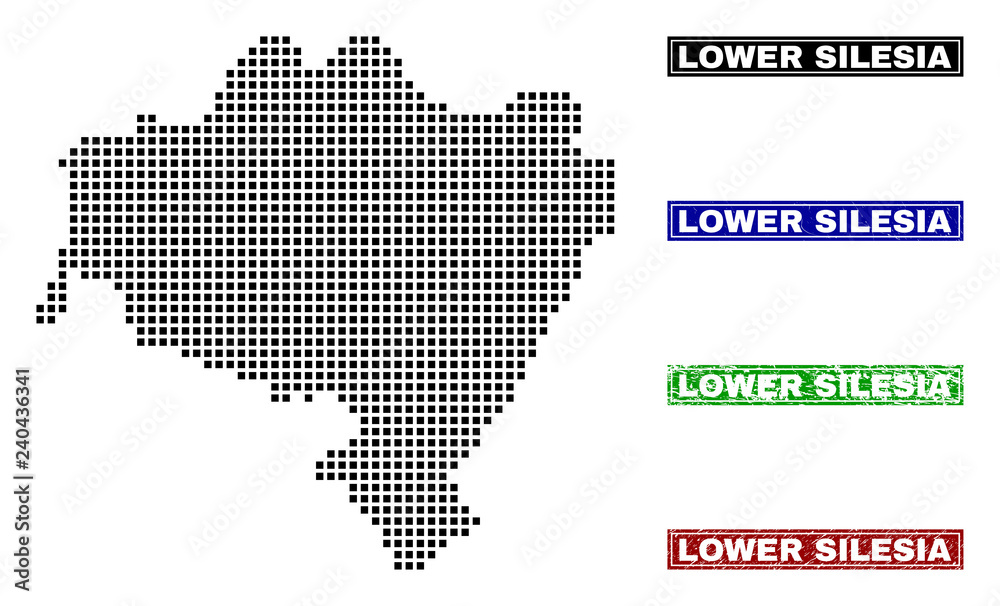 Obraz premium Dot vector abstracted Lower Silesian Voivodeship map and isolated clean black, grunge red, blue, green stamp seals.