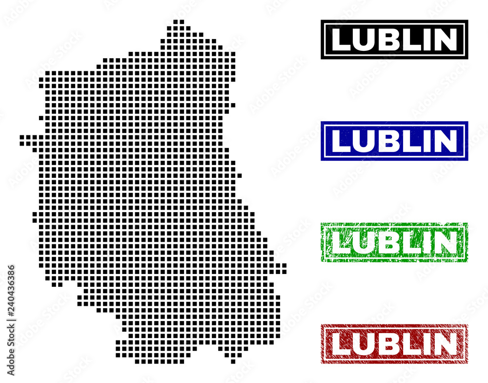 Vector dot abstracted Lublin Voivodeship map and isolated clean black, grunge red, blue, green stamp seals. Lublin Voivodeship map tag inside draft framed rectangles and with grunge rubber texture.