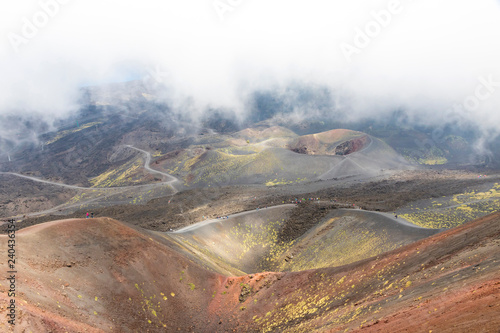 Crater Silvestri Superiori (2001m) on Mount Etna, Etna national park, Sicily, Italy. Silvestri Superiori - lateral crater of the 1892 year eruption. Volcanic foggy landscape photo