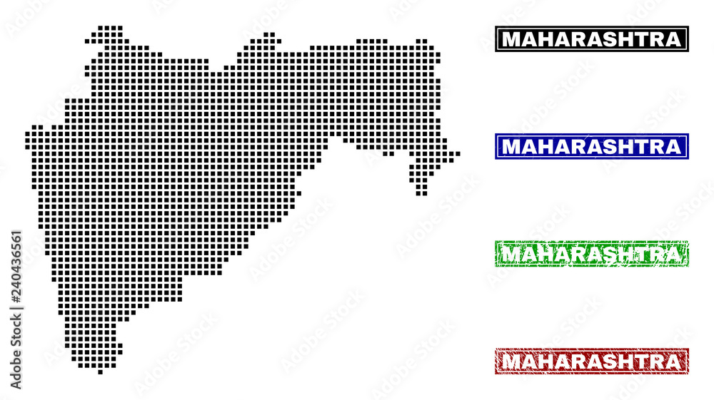 Vector dot abstracted Maharashtra State map and isolated clean black, grunge red, blue, green stamp seals. Maharashtra State map tag inside rough framed rectangles and with unclean rubber texture.