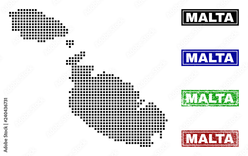 Vector dot abstracted Malta map and isolated clean black, grunge red, blue, green stamp seals. Malta map caption inside draft framed rectangles and with grunge rubber texture.