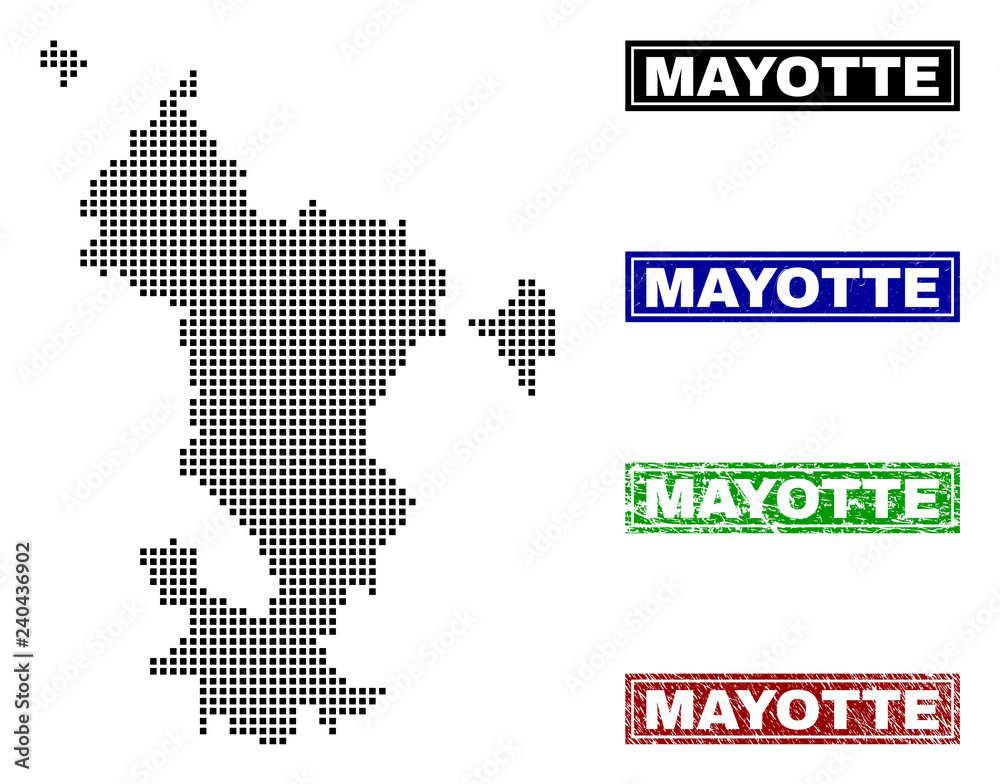Dot vector abstract Mayotte Island map and isolated clean black, grunge red, blue, green stamp seals. Mayotte Island map tag inside rough framed rectangles and with grunge rubber texture.
