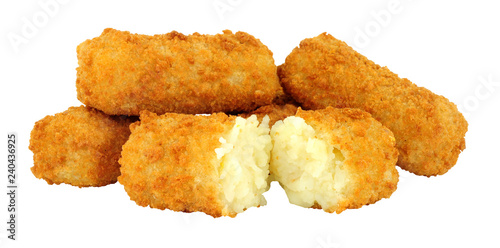 Group of crispy mashed potato croquettes isolated on a white background