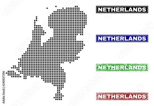 Vector dot abstract Netherlands map and isolated clean black, grunge red, blue, green stamp seals. Netherlands map title inside draft framed rectangles and with grunge rubber texture.