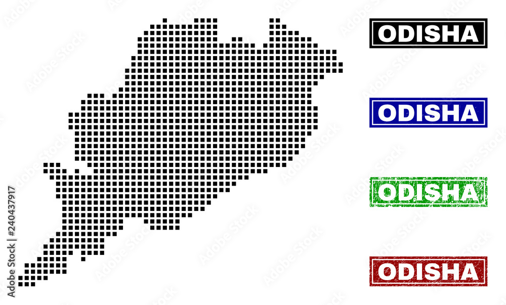 Vector dot abstracted Odisha State map and isolated clean black, grunge red, blue, green stamp seals. Odisha State map tag inside rough framed rectangles and with grunge rubber texture.