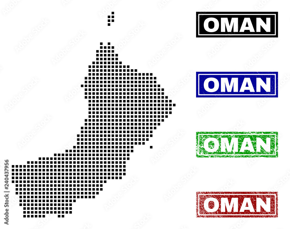 Dot vector abstract Oman map and isolated clean black, grunge red, blue, green stamp seals. Oman map tag inside rough framed rectangles and with grunge rubber texture.