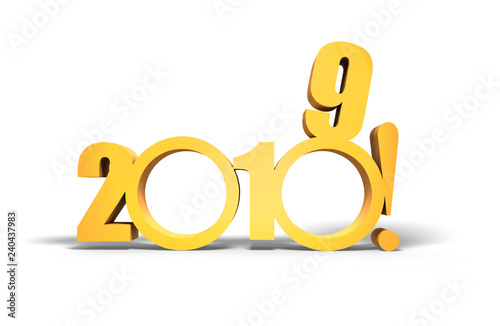 Two thousand and nineteen. Happy New 2019 year in gold tones isolated on white background.
