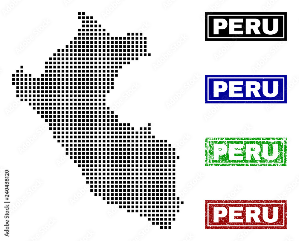 Obraz premium Vector dot abstracted Peru map and isolated clean black, grunge red, blue, green stamp seals. Peru map label inside draft framed rectangles and with grunge rubber texture.