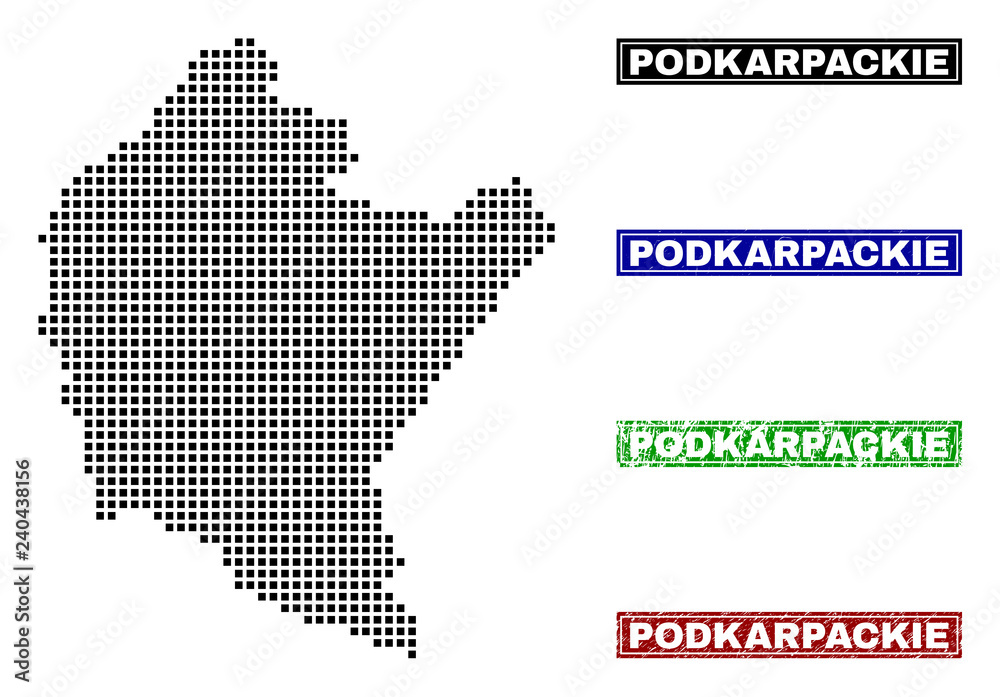Obraz premium Dot vector abstract Podkarpackie Voivodeship map and isolated clean black, grunge red, blue, green stamp seals.