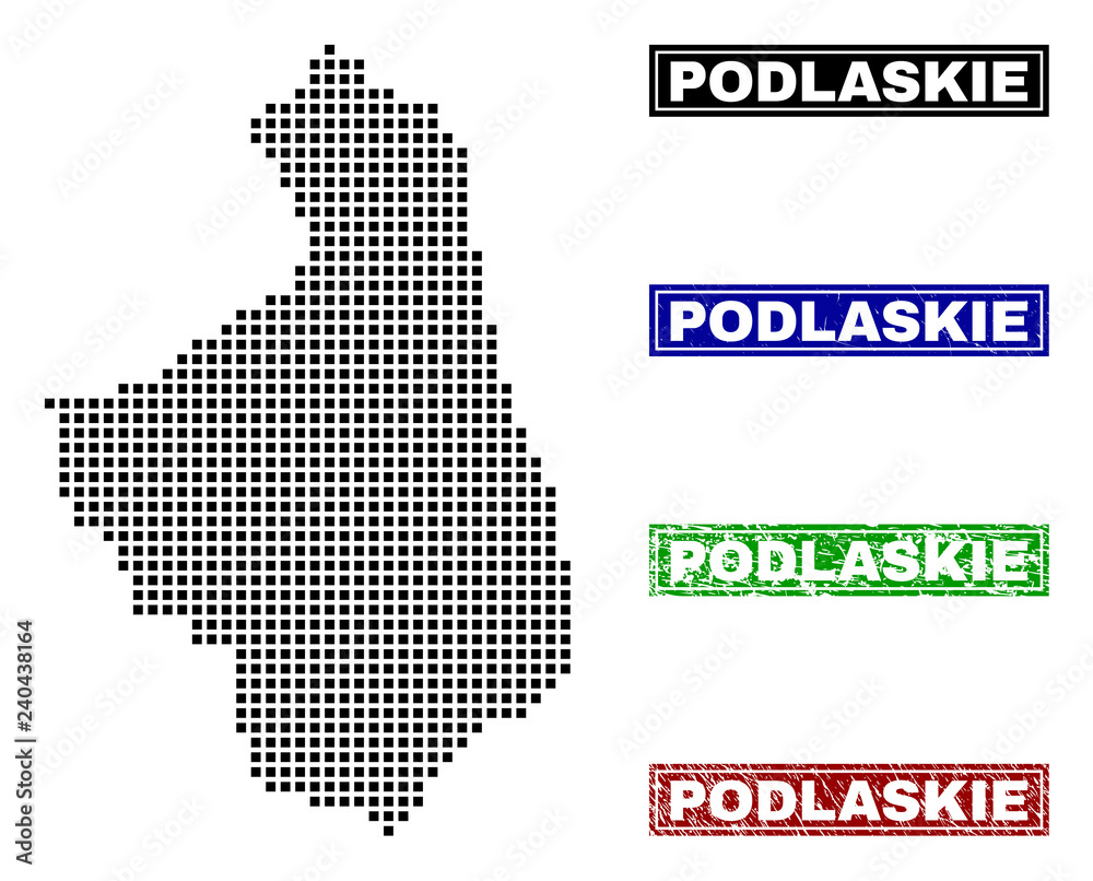 Vector dot abstracted Podlaskie Voivodeship map and isolated clean black, grunge red, blue, green stamp seals.