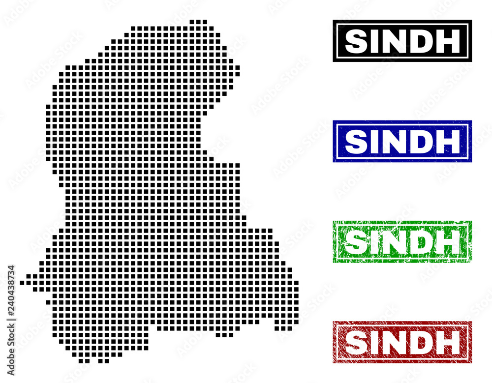 Dot vector abstracted Sindh Province map and isolated clean black, grunge red, blue, green stamp seals. Sindh Province map name inside rough framed rectangles and with grunge rubber texture.