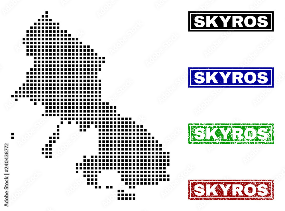 Obraz premium Vector dot abstracted Skyros Island map and isolated clean black, grunge red, blue, green stamp seals. Skyros Island map name inside draft framed rectangles and with grunge rubber texture.