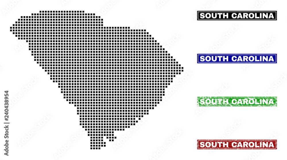 Dot vector abstracted South Carolina State map and isolated clean black, grunge red, blue, green stamp seals.