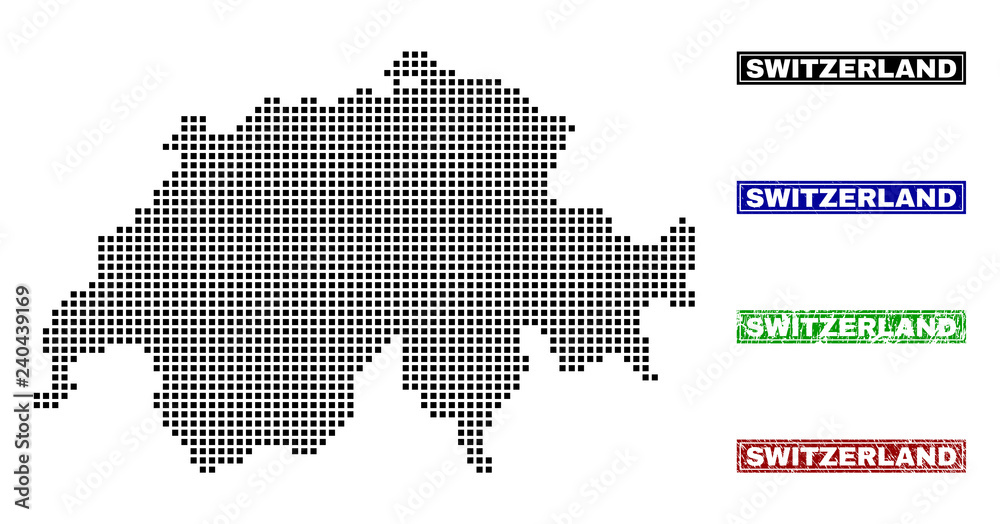 Obraz premium Dot vector abstracted Switzerland map and isolated clean black, grunge red, blue, green stamp seals. Switzerland map title inside draft framed rectangles and with grunge rubber texture.