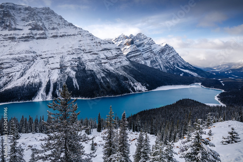 First snow at Peyto Lake in Banff Canada. Snow covered mountains and forest with glacial blue lake. Partly cloudy afternoon in the Rocky Mountains.
