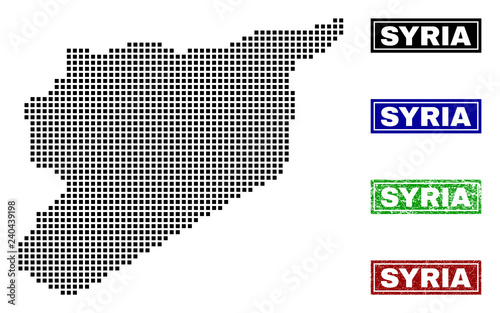 Vector dot abstracted Syria map and isolated clean black, grunge red, blue, green stamp seals. Syria map tag inside draft framed rectangles and with grunge rubber texture.