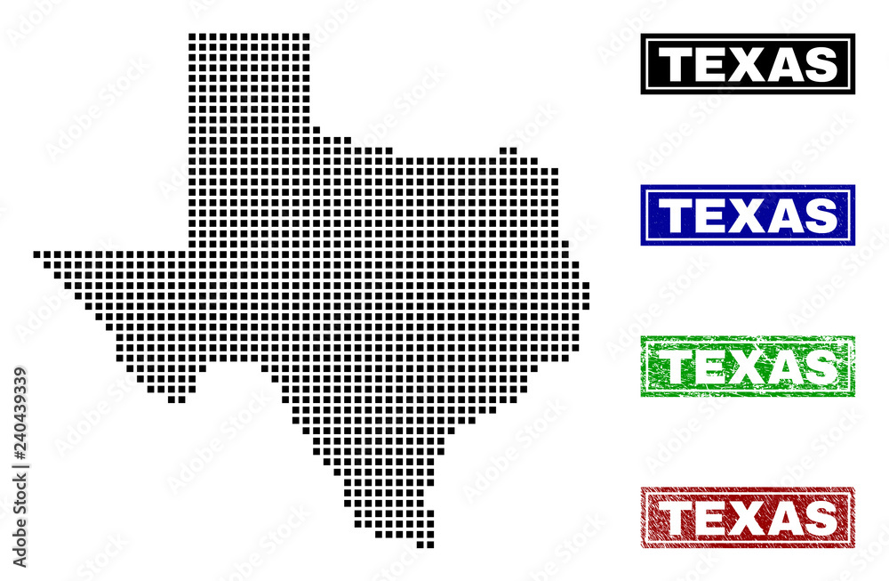 Obraz premium Dot vector abstracted Texas map and isolated clean black, grunge red, blue, green stamp seals. Texas map title inside rough framed rectangles and with scratched rubber texture.