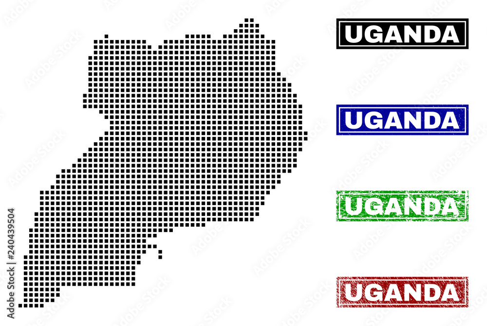 Vector dot abstract Uganda map and isolated clean black, grunge red, blue, green stamp seals. Uganda map label inside draft framed rectangles and with grunge rubber texture.