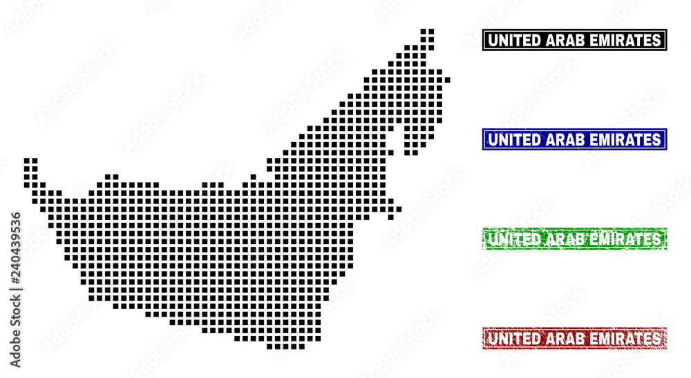 Obraz premium Dot vector abstracted United Arab Emirates map and isolated clean black, grunge red, blue, green stamp seals.