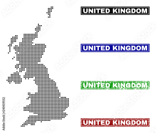 Dot vector abstracted United Kingdom map and isolated clean black, grunge red, blue, green stamp seals. United Kingdom map tag inside draft framed rectangles and with distress rubber texture.