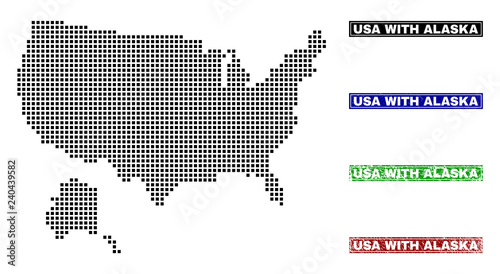 Dot vector abstracted USA with Alaska map and isolated clean black, grunge red, blue, green stamp seals. USA with Alaska map label inside rough framed rectangles and with grunge rubber texture.