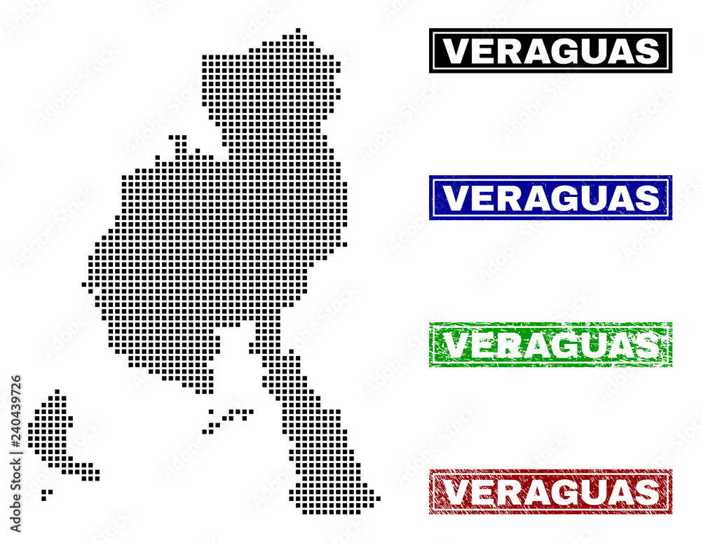 Dot vector abstracted Veraguas Province map and isolated clean black, grunge red, blue, green stamp seals. Veraguas Province map label inside rough framed rectangles and with grunge rubber texture.
