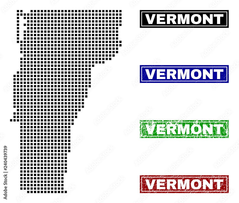 Vector dot abstracted Vermont State map and isolated clean black, grunge red, blue, green stamp seals. Vermont State map caption inside rough framed rectangles and with unclean rubber texture.