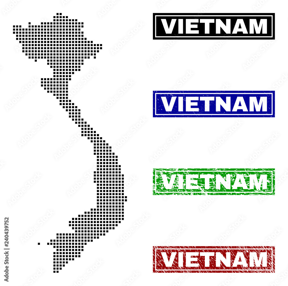 Vector dot abstracted Vietnam map and isolated clean black, grunge red, blue, green stamp seals. Vietnam map caption inside draft framed rectangles and with grunge rubber texture.