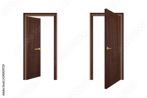 Vector Realistic Different Opened and Closed White Wooden Door Icon Set Closeup Isolated on Brown Background. Elements of Architecture. Design template of Classic Home Door for Graphics. Front View