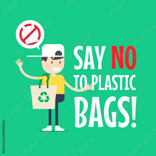 The boy with Tote bag. Say no to plastic bags.