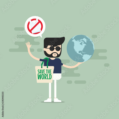 Say no to plastic bags. Hipster man holding a globe.