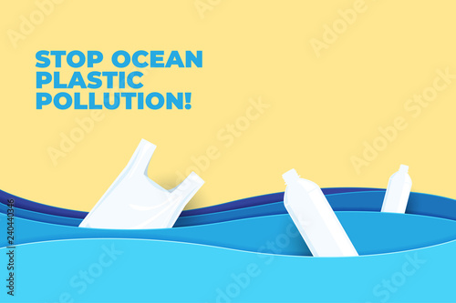 Stop ocean plastic pollution paper art vector illustration. World Water Day. Earth Day.