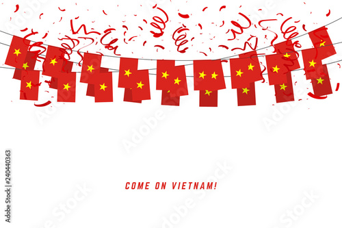 Vietnam garland flag with confetti on white background, Hang bunting for Vietnam celebration template banner.