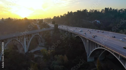 Aerial footage of a freeway bridge - Colorado Street Bridge in Pasadena, California