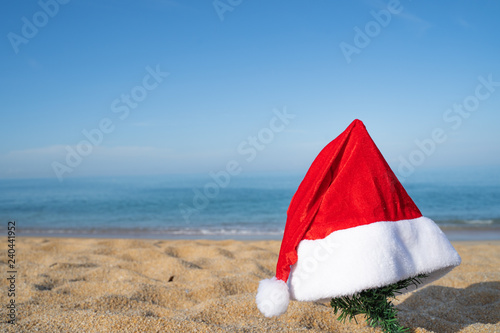 Concept christmas Santa hat on the beach and tree. are texture Nature background creative tropical layout made at phuket Thailand